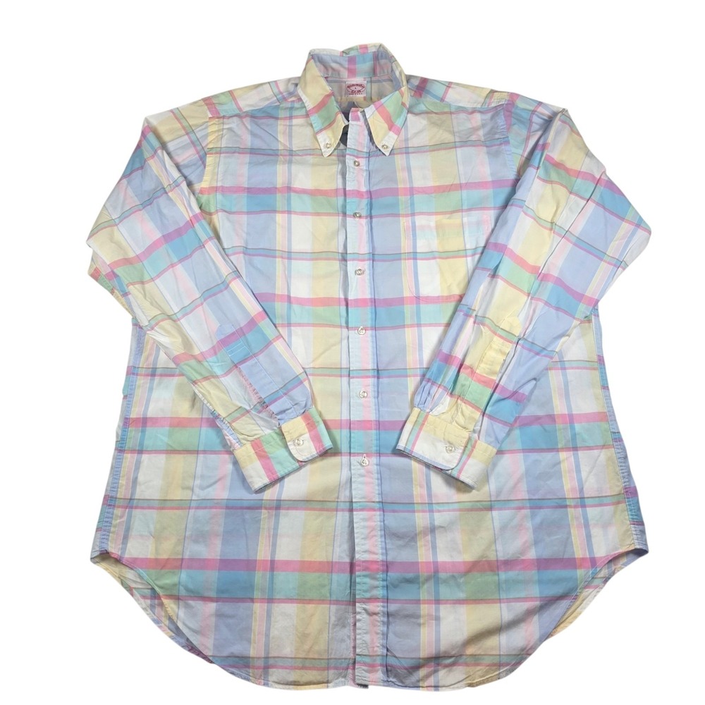 VTG Brooks Brothers Multicolor Pastel Plaid L/S Button-Down Shirt Men's Sz L USA